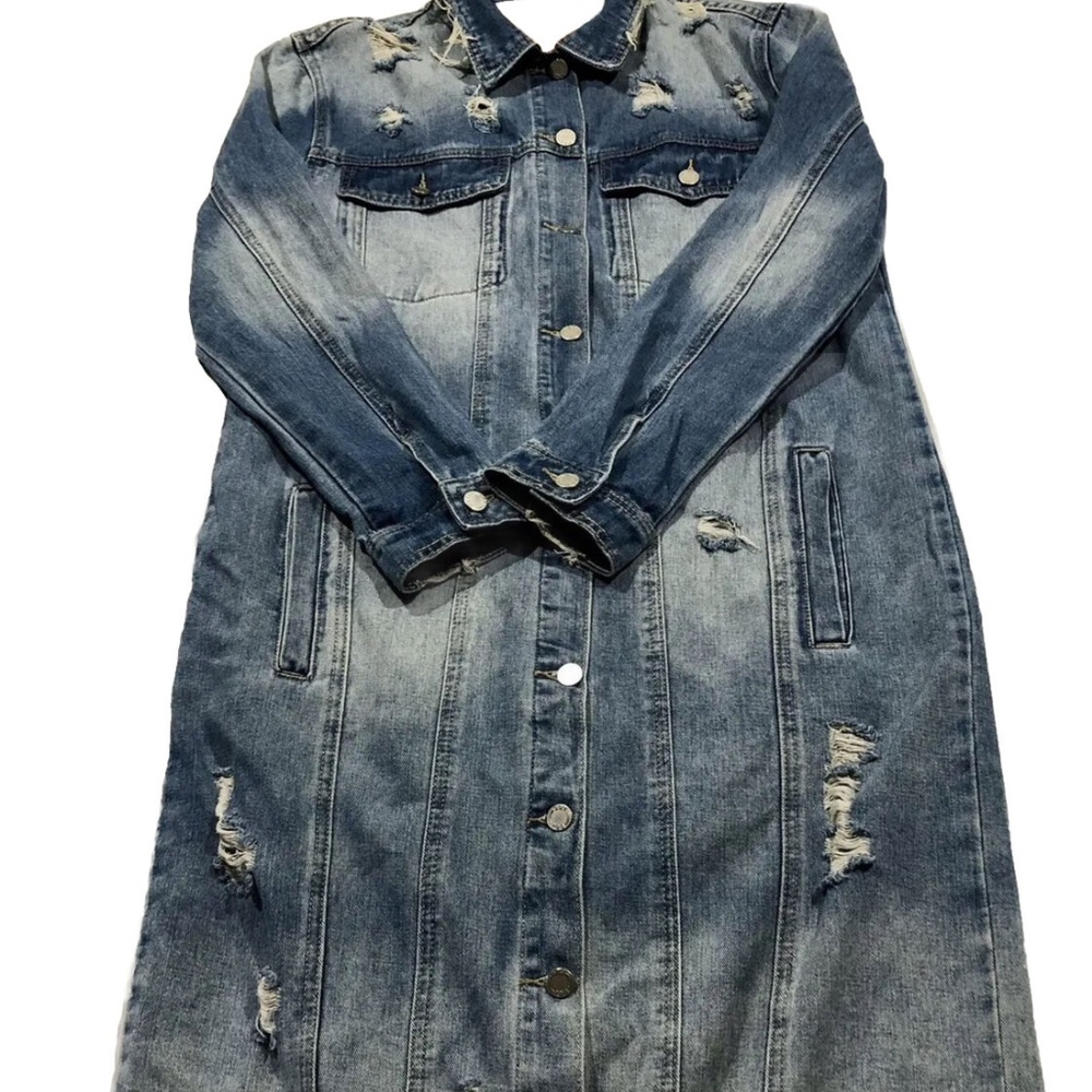 BBJ Los Angeles Long Trucker Distressed Denim Jacket  size large